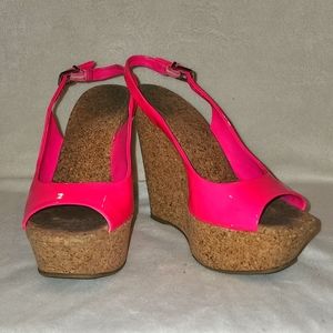 Jessica Simpson Hot Pink Patent Leather Cork Sling Back Wedges